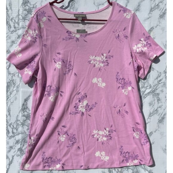 Style & Co Womens Floral Print Short Sleeve Tee 1X Millie Pink Made In Indonesia - Picture 1 of 9